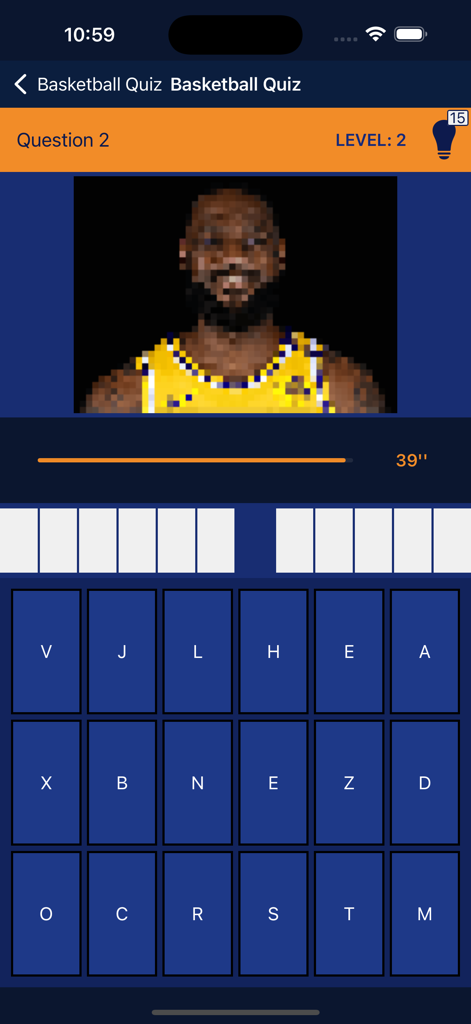 A basketball trivia game screen where the user identifies an NBA player from a pixelated photo using letter buttons.