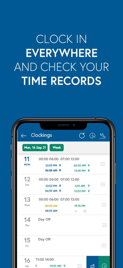 SISQUAL WFM - Interface do aplicativo móvel SISQUAL WFM mostrando uma lista de registros de ponto de entrada e saída de funcionários