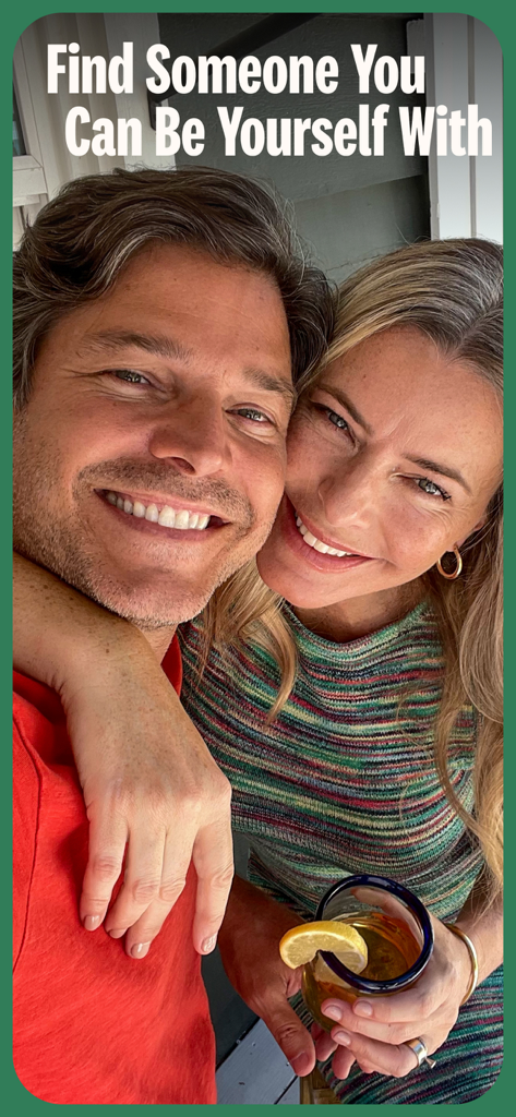 A smiling mature couple embracing with the text Find Someone You Can Be Yourself With on an eharmony app screen.