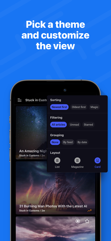 Inoreader: News & RSS reader - 어두운 모드에서 정렬, 필터링 및 레이아웃 사용자 지정 옵션을 보여주는 Inoreader 모바일 앱 화면