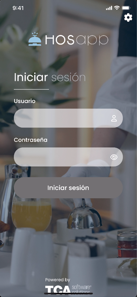 Innsist HoS - Login screen of the Innsist HoS app for hotel staff showing username and password input fields over a background of room service being delivered.