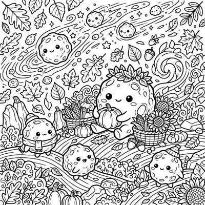 Dive into a charming fall world where friendly Vestoids celebrate the autumn harvest. This delightful coloring page is packed with adorable characters, falling leaves, and festive seasonal details.