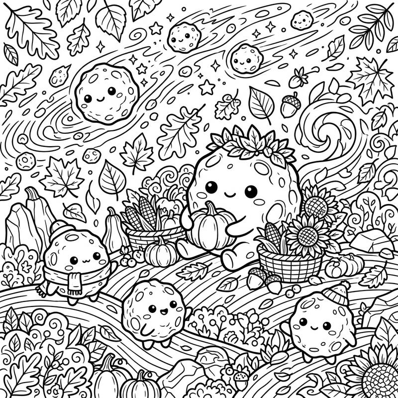 Dive into a charming fall world where friendly Vestoids celebrate the autumn harvest. This delightful coloring page is packed with adorable characters, falling leaves, and festive seasonal details.