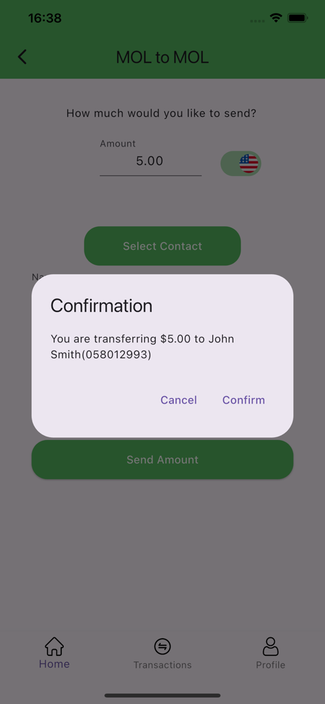 MOL-Pay - MOL-Pay app confirmation screen for a five dollar money transfer