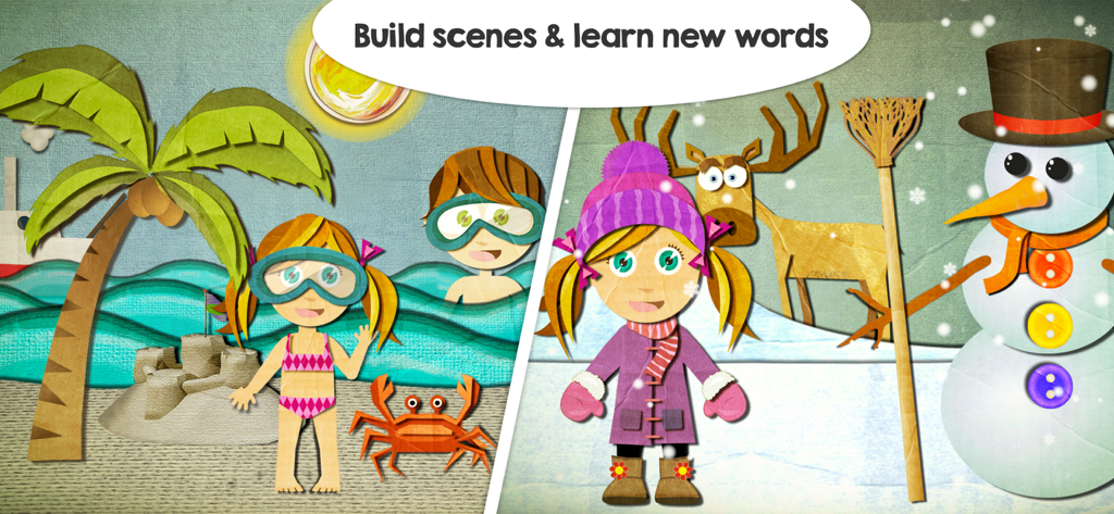 Beck and Bo - Toddler Puzzles - Dos escenas interactivas de rompecabezas para niños con una playa y un paisaje invernal con un muñeco de nieve y personajes.