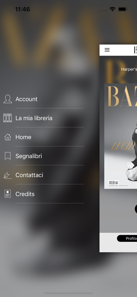 Menú de navegación lateral de la app móvil Harper's Bazaar Italia con opciones de menú en italiano, incluyendo Cuenta y Biblioteca.