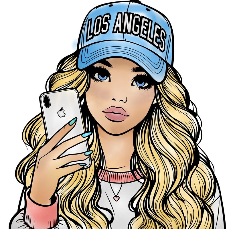 realistic beautiful girl wearing los ángeles cap holding an iphone