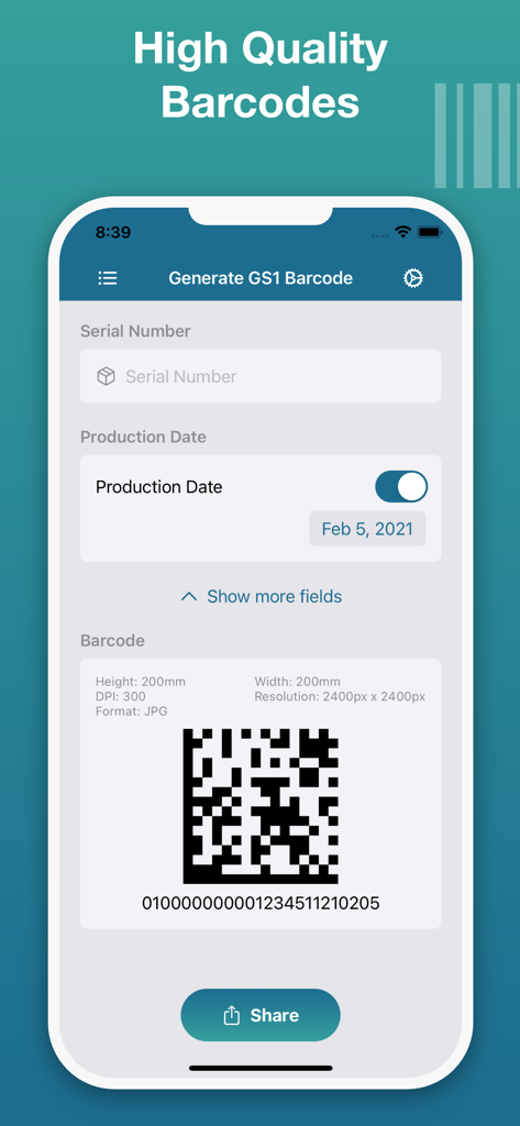 Smart GS1 Barcode Generator app interface showing a generated DataMatrix barcode with serial number and production date fields