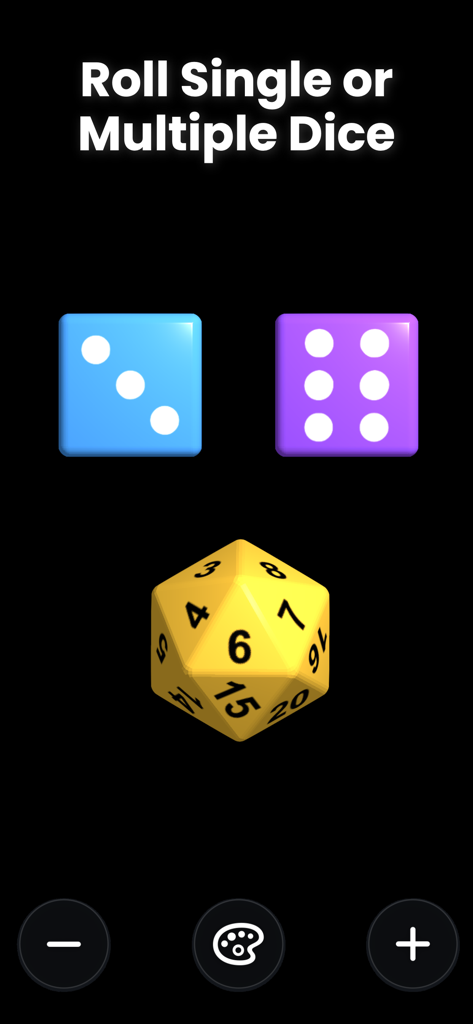 Dice Pro+ - Interfaz de la aplicación Dice Pro mostrando dados azules, morados y amarillos para juegos de rol de mesa.
