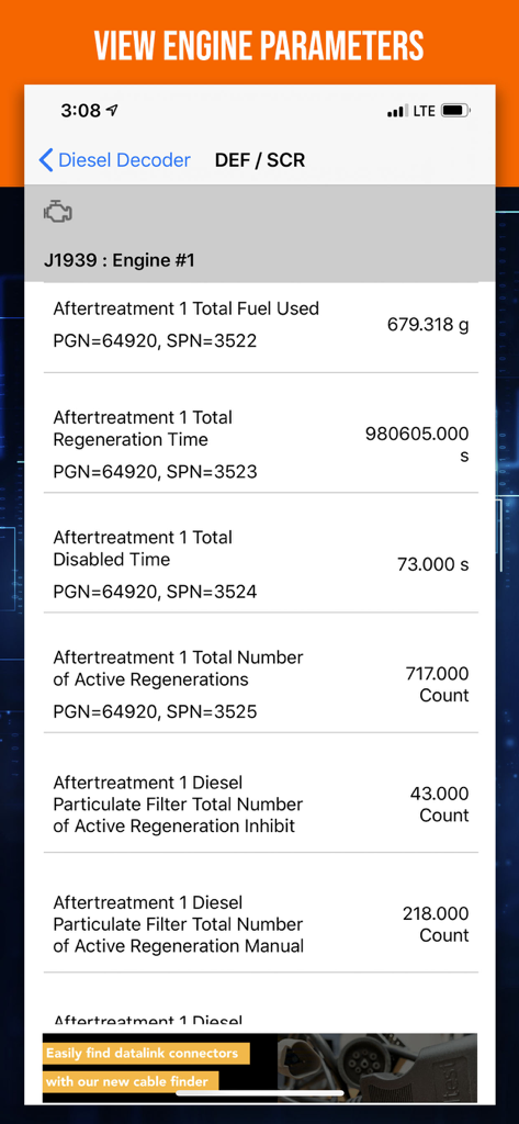 Interface of the Diesel Decoder app displaying heavy commercial vehicle engine parameters for DEF and SCR aftertreatment systems.