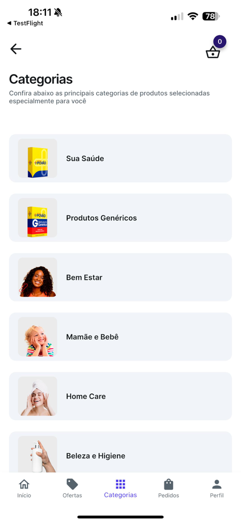 Drogarias Povão - Drogarias Povoa app categories screen listing health well-being and beauty products