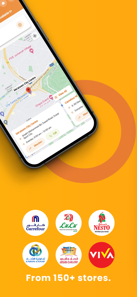 WoWDeals: Shopping Deals - Smartphone screen showing a map of nearby store locations with logos for Carrefour LuLu and Nesto
