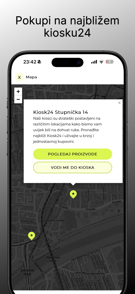 Kiosk24 - Kiosk24 app interface showing a map with pins for automated kiosk locations and a store details popup for pickup.