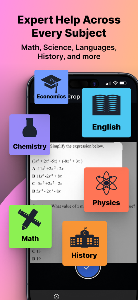 AI Homework Helper - StudyAi - StudyAi app screen showing help for multiple school subjects including Math, Science, English, and History