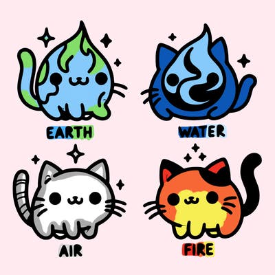 4 cats that represent the different elements, earth, water, air, and fire