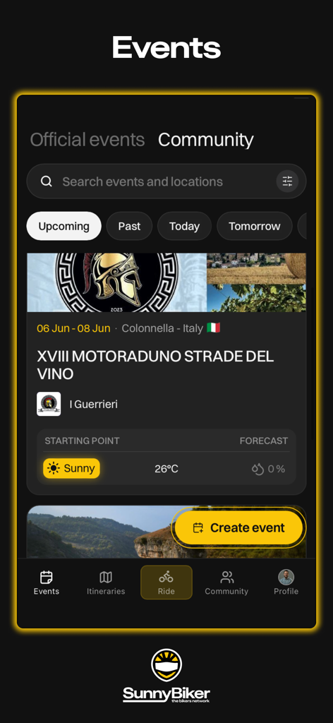 SunnyBiker app interface showing upcoming motorcycle community events and rallies with weather forecasts