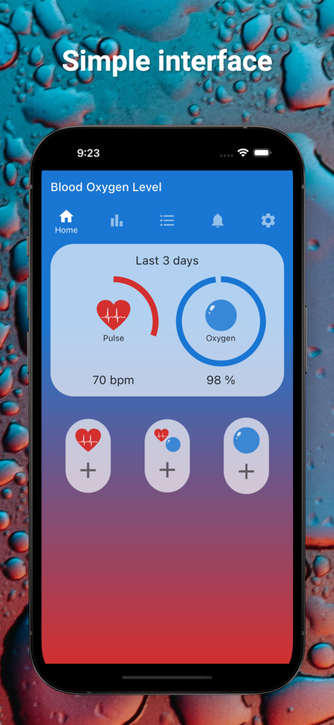 Blood Oxygen Level app home screen showing pulse and oxygen saturation readings on a simple dashboard.