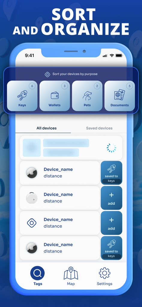 Air Tracker app interface showing Bluetooth tags organized into categories like keys wallets pets and documents