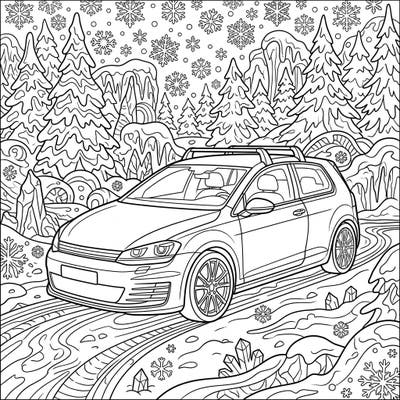 Embark on an exciting winter journey with this dynamic hatchback coloring page, set amidst a breathtaking snowy landscape. Designed for teens, it combines cool car aesthetics with intricate winter wonderland details for a truly engaging creative challenge.