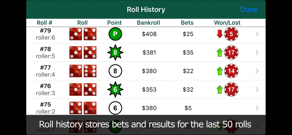 Pantalla de la aplicación Aw Craps mostrando el historial detallado de tiradas de dados, seguimiento del saldo y resultados de apuestas