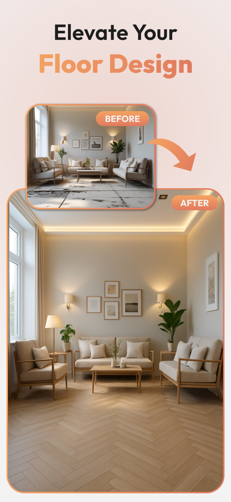 HomeAura: AI Interior Design - Renovação de sala de estar de antes e depois mostrando a transformação do design do piso com IA para madeira em espinha de peixe