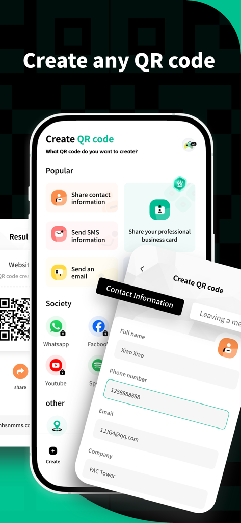 Interface for creating custom QR codes for contact information and digital business cards