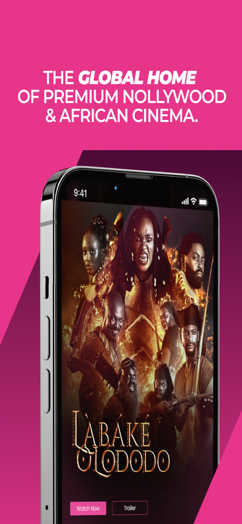 Smartphone displaying the Kava TV app with a Nollywood movie poster and premium cinema text