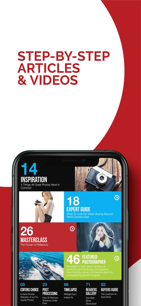 Photography Masterclass Magazine app displaying its table of contents with articles and videos