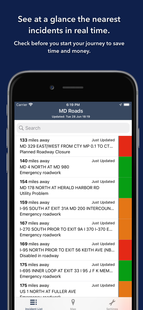 Maryland Roads Traffic - Maryland Roads app showing a list of real-time traffic incidents with color-coded severity levels.