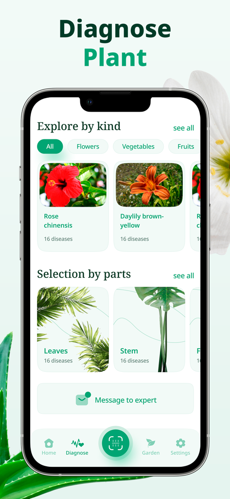 Botanica ID - Plant Identifier - Écran de smartphone de l'application Botanica ID montrant les options de diagnostic des maladies des plantes et les messages d'experts.