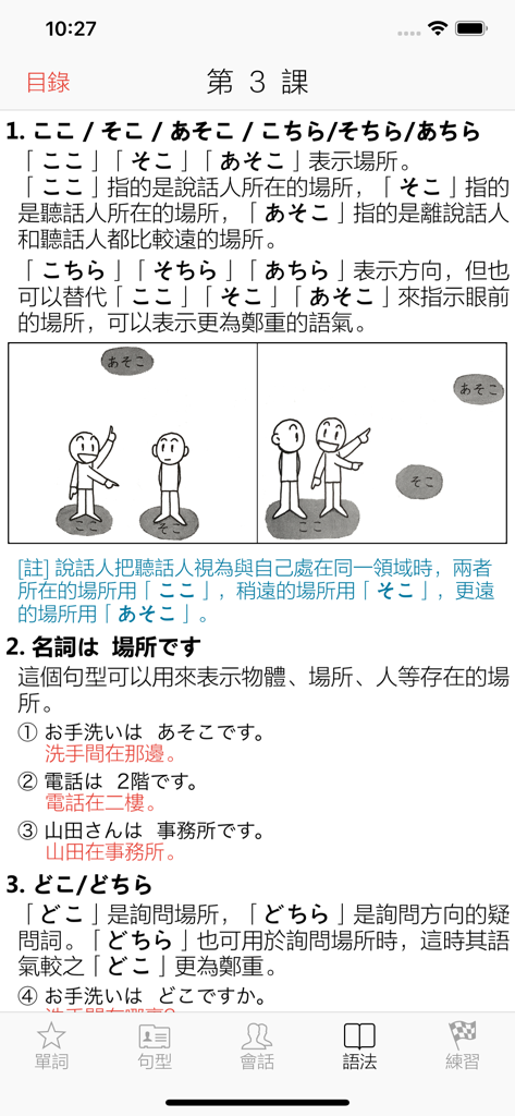 Japanese grammar lesson on demonstrative pronouns with Chinese explanations in Minna no Nihongo app