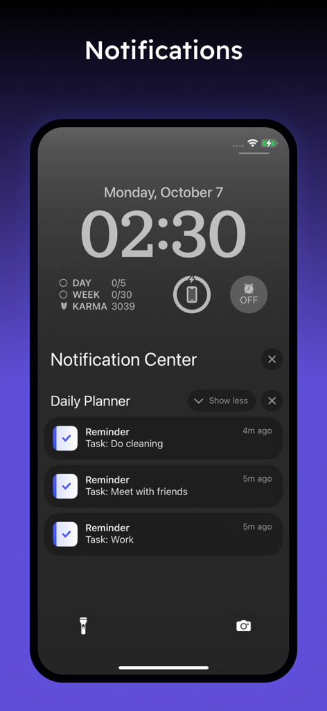 Notificaciones inteligentes de la aplicación Daily Planner en la pantalla de bloqueo de un iPhone que muestran tareas programadas.