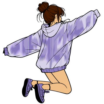 realistic girl jumping with a bun and oversized sweatshirt