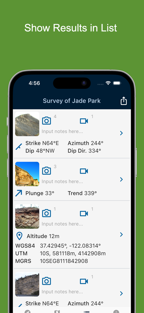 Geology Clinometer: GeoCompass - List of geological field measurements and coordinates in GeoCompass app