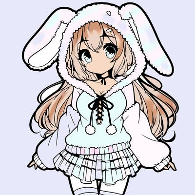 pretty anime girl wearing a fluffy hoodie with bunny ears on the hood and a skirt
