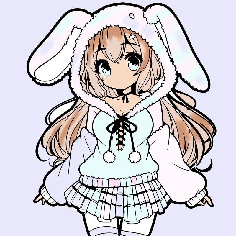 pretty anime girl wearing a fluffy hoodie with bunny ears on the hood and a skirt
