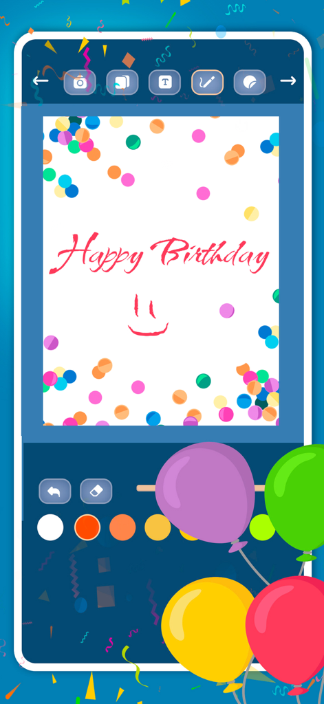 Create birthday greeting cards - Interfaz de la aplicación de tarjetas de cumpleaños que muestra una tarjeta personalizada con un mensaje escrito a mano y una cara sonriente