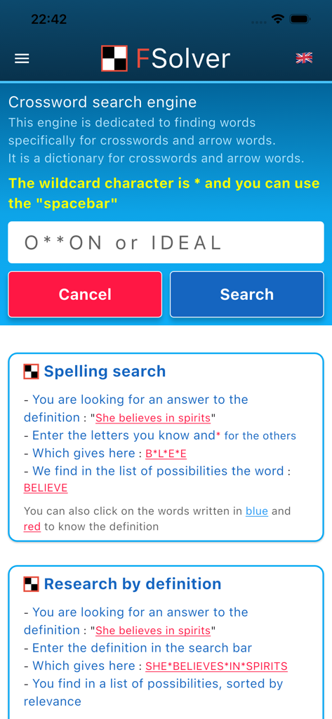 Interface principale de l'application FSolver montrant les options de recherche de solutions de mots croisés par lettres ou définitions.
