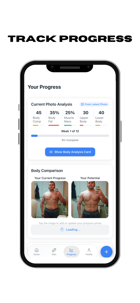 Bodify AI app screen showing current body analysis metrics and a side-by-side comparison of current physique versus AI-generated potential
