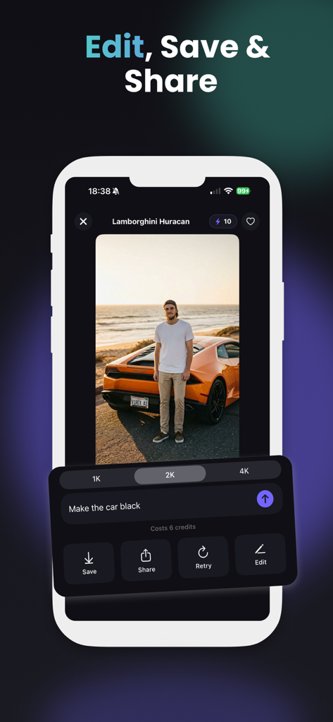 Smartphone screen showing the Virex AI app interface for editing and sharing photos of a user with a luxury car