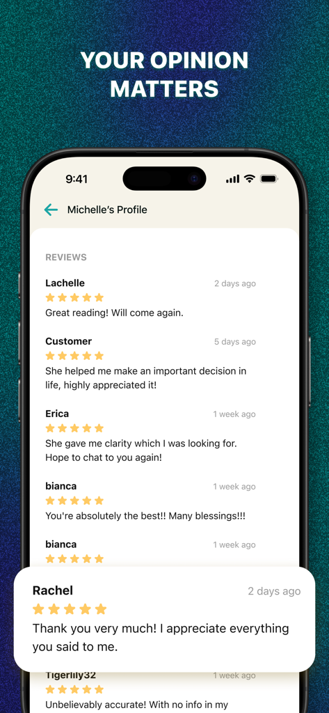 PsychicBook app interface showing positive user reviews and five star ratings for an advisor.