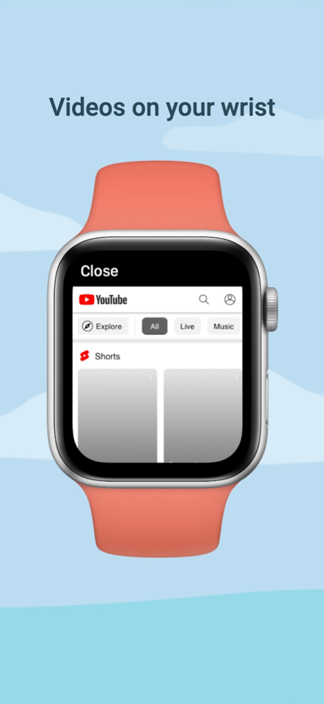 Un Apple Watch che visualizza la home page di YouTube sotto l'intestazione Video al tuo polso.