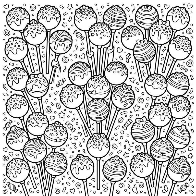 Indulge your creative side with this charming cake pop coloring page! Featuring a delectable array of decorated cake pops, it promises a sweet and engaging coloring experience for all ages.
