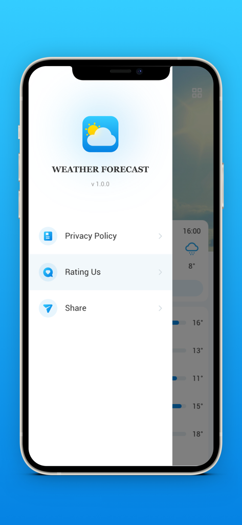 iPhone screen displaying the side menu of the Weather Forecast app with options for privacy policy rating and sharing.
