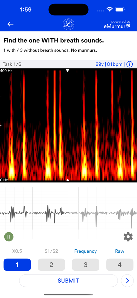 Littmann™ Learning - Littmann Learning app screen with heart sound spectrogram and waveform for auscultation practice