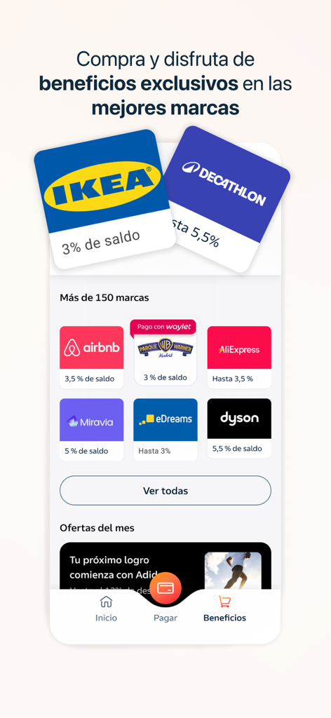 Tela do aplicativo Waylet mostrando recompensas de cashback para marcas como IKEA e Decathlon