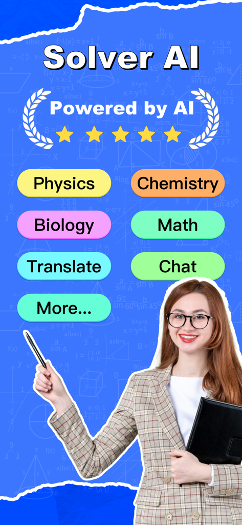 AI Scan Solver Homework Helper - Main screen of the AI Scan Solver app showing subject categories for Physics Chemistry Biology Math and Translate