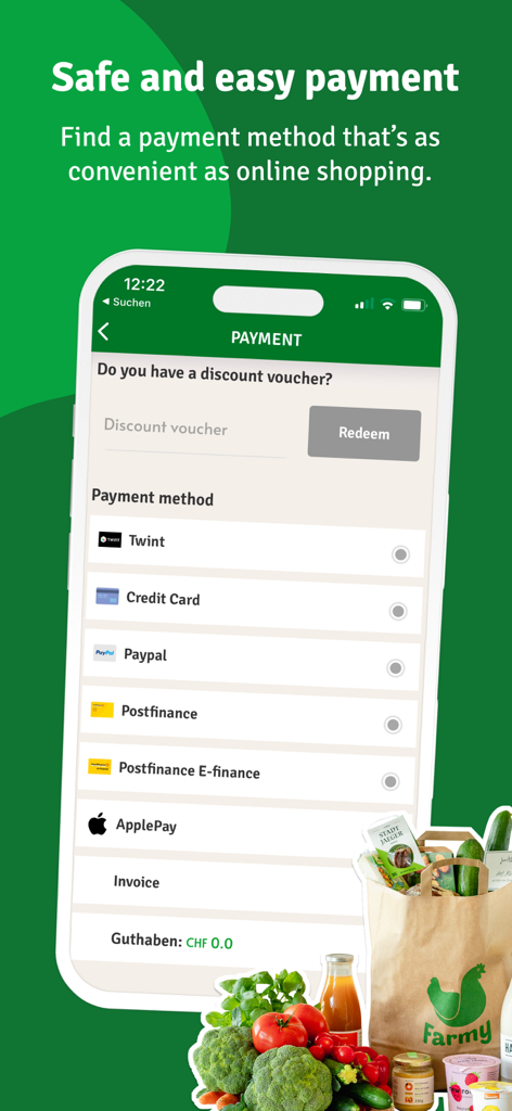 A mobile screen showing various payment options in the Farmy app including ApplePay, PayPal, and credit card.