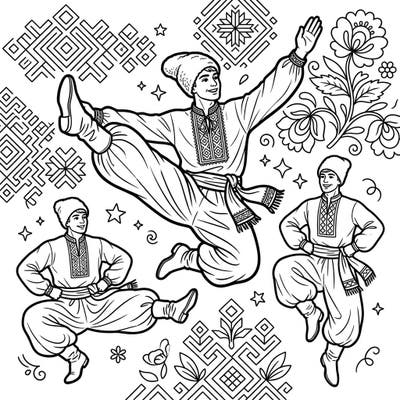 Immerse yourself in the lively world of Cossack dance with this captivating coloring page. Featuring energetic dancers in traditional costumes amidst beautiful folk art patterns, it's perfect for celebrating culture.