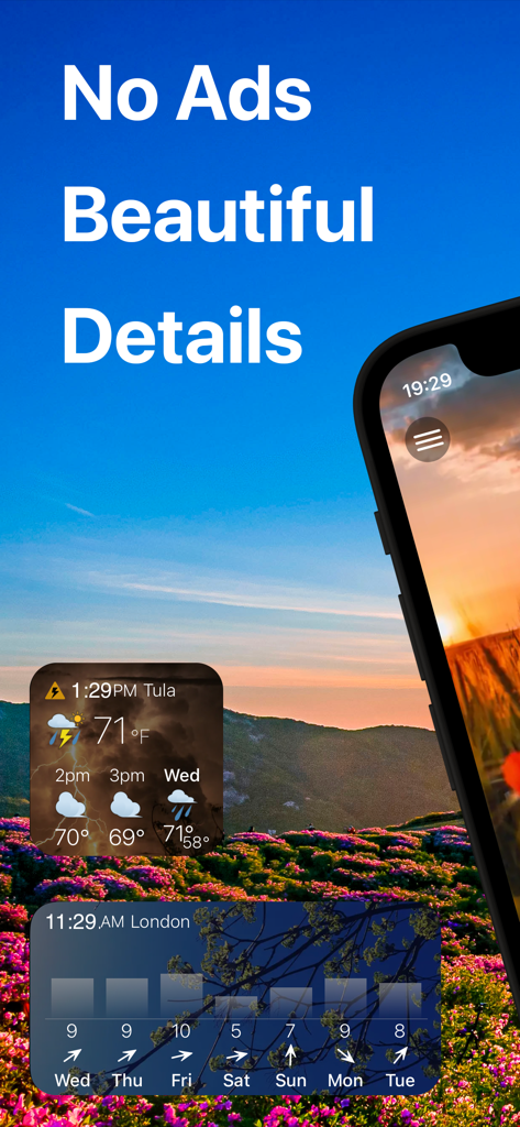 A screenshot of the Weawow weather app showing customizable widgets and a scenic landscape background with the text No Ads Beautiful Details.